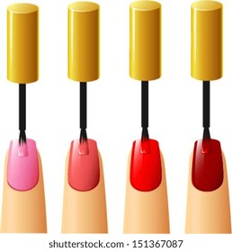 Vector illustration of nail polish in different colors being applied to nail.