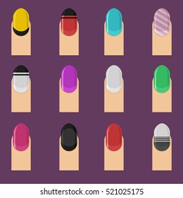 Vector illustration of nail polish manicure in different colors and style.