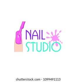 vector illustration of "nail salon" logo with pink drop, female nail painted with nail Polish