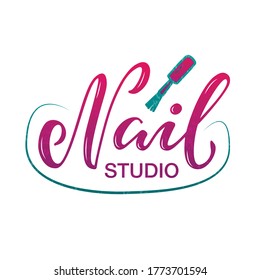 Vector illustration of nail studio lettering with pink background for logo, banner, business card, web design, print in beauty and fashion. Handwritten logotype for corporate identity and branding
