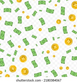 Vector illustration of Naira currency. Random pattern of banknotes and coins in green and gold colors on transparent background (PNG). 