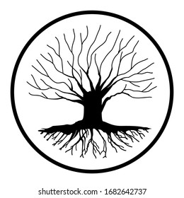 Vector illustration of a naked black tree silhouette in a circle on a white background.