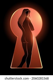 Vector illustration of a naked female figure seen through the keyhole