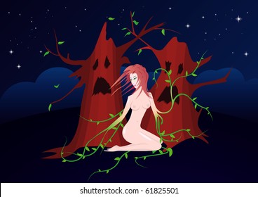 Vector illustration of naked nymph in magic forest