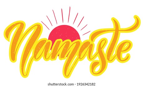 Vector illustration of Namaste (Indian greeting) text for logotype, t-shirt, banner, magazine, poster, decoration, postcard. Namaste calligraphy background. Namaste lettering. EPS 10. 