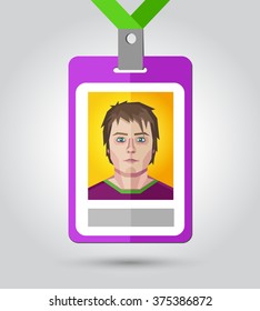 Vector illustration of a name badge for event with a human face in polygonal style.