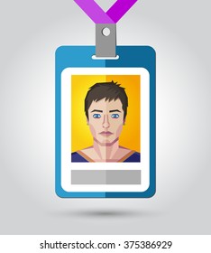 Vector illustration of a name badge for event with a human face in polygonal style.