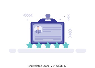 Ilustração vetorial de um emblema de nome com retrato, estrelas de classificação e detalhes de ID em um estilo profissional de negócios