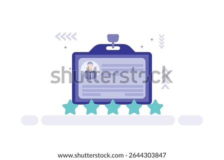 Vector illustration of a name badge with portrait, rating stars, and ID details in a professional business style