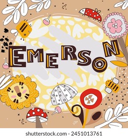 Vector illustration of a name in brown yellow and red shades. Babyshower. Name. Vector cute name with ladybugs, lions and stars and mushrooms. Emerson.
