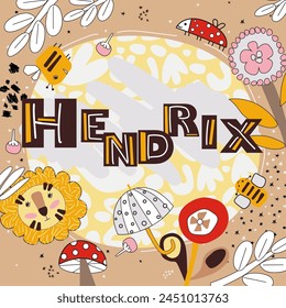 Vector illustration of a name in brown yellow and red shades. Babyshower. Name. Vector cute name with ladybugs, lions and stars and mushrooms. Hendrix.