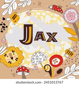 Vector illustration of a name in brown yellow and red shades. Babyshower. Name. Vector cute name with ladybugs, lions and stars and mushrooms. Jax.