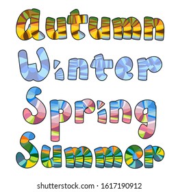Vector illustration, name for the four seasons in appropriate colors. Lettering for the print, poster, cover, calendar, greeting cards. Elements for your design.
