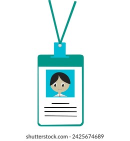 Vector illustration of a name tag or identification card with a photo in the middle and a rope around the neck on a white background.