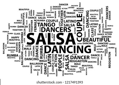 Vector illustration with names of Latin American dances, salsa, bachata, Kizomba, Rumba, reggaeton, tango in the style of word cloud