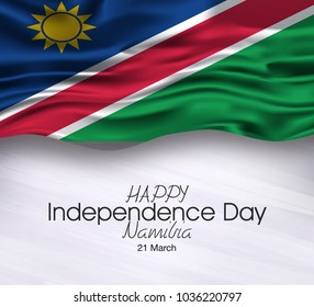 Vector illustration of Namibia Happy Independence Day 21 March. Waving flags isolated on gray background.