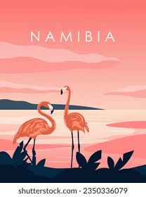 Vector illustration. Namibia. Pink flamingos. Design for poster, web banner, print, cover design, background.