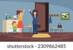 Vector illustration of nanny with child, boy say goodbye, escort his mother to work in the hallway. Great concept of Family Babysitter services in cartoon style