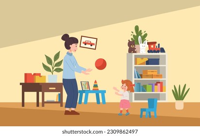 Vector illustration of Nanny, woman or mother plays ball with child, girl in a room with a table and a bookcase. Great concept of Family Babysitter services in cartoon style