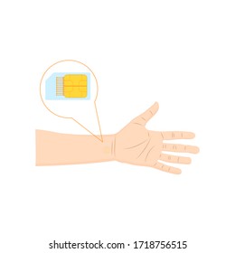 Vektorgrafik der Nanotechnologie in der modernen Welt. Ein Mikrochip, der unter der Haut einer menschlichen Hand implantiert wird. Wissenschaftliche Forschung