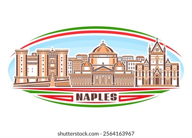 Vector illustration of Naples, horizontal oval sign with linear design famous heritage naples city scape on day sky background, european urban line art concept with unique lettering for text naples