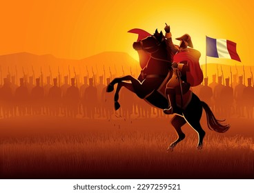 Ilustración vectorial de Napoleón a caballo dirigiendo su ejército en el campo de batalla