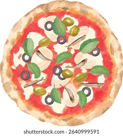 Vector illustration of Napolitana Pizza with tomato sauce, mozzarella, garlic, oregano, and fresh basil. Top view