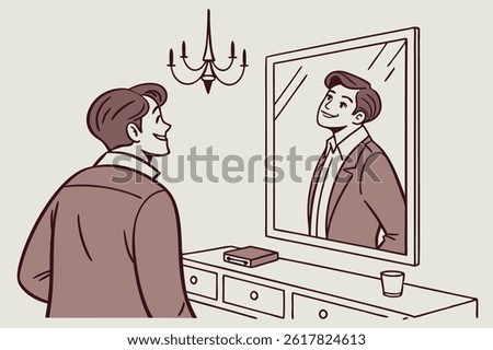Vector illustration of a narcissistic man looking at himself in the mirror, representing self-love and vanity. Ideal for psychology, self-care, and personality concepts.