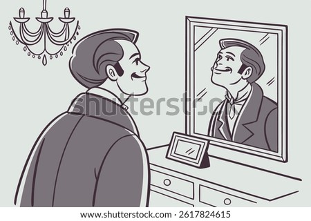 Vector illustration of a narcissistic man looking at himself in the mirror, representing self-love and vanity. Ideal for psychology, self-care, and personality concepts.