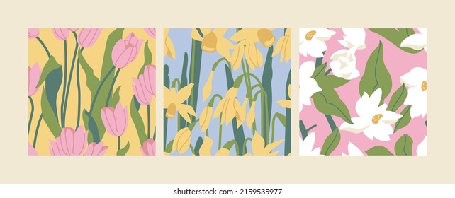 Vector illustration with narcissus, bindweed and bluebell flowers. Floral wreath. Seamless pattern. Flowers background for cosmetics packaging