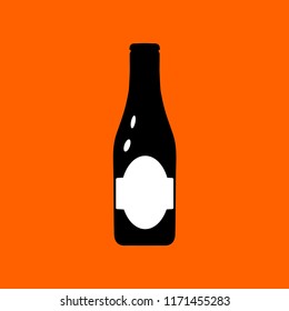 Vector illustration of narrow beer bottle in black color with white labels on orange background