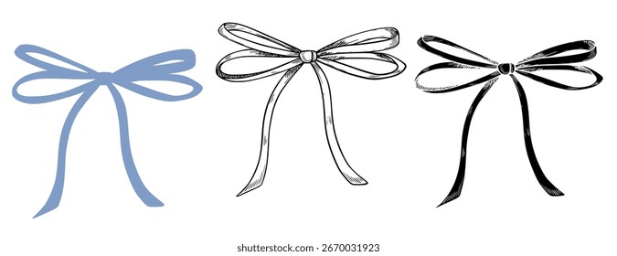 Vector illustration of narrow Bows with loops in blue and black colors. Linear drawing of ribbons for baby shower invitations or vintage Birthday greeting cards. Outline engraving for wedding design.