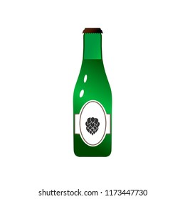 Vector illustration of narrow green beer bottle with white label and hop cone