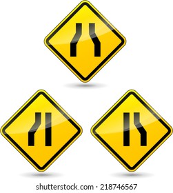 Vector illustration of narrow road yellow sign on white background