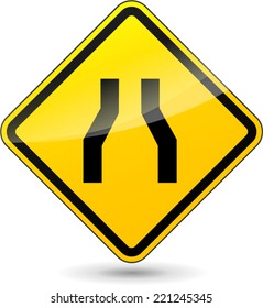 Vector illustration of narrowed road yellow sign on white background