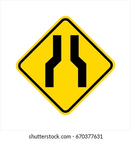 Vector illustration of narrowed road yellow sign on white background