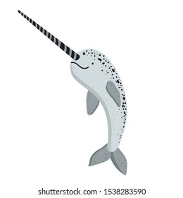 Vector illustration of a narwhal. Arctic animals. Vector illustration of a whale with a horn.Undersea world. Marine life.