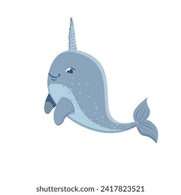 Ilustración vectorial de un narval. Animales del Ártico. Ilustración linda de una ballena con cuerno en forma de caricatura para alfabeto, aplicación, sitio web