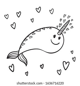 Vector illustration of narwhal. Cute, funny art on the theme of marine animals. Elements for design, cards, posters, stickers. Children's joyful. Black lines on a white background. Narwhale coloring.