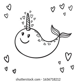 Vector illustration of narwhal. Cute, funny art on the theme of marine animals. Elements for design, cards, posters, stickers. Children's joyful. Black lines on a white background. Narwhal coloring.