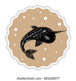 Vector illustration of a narwhal in a gold circle. Sea unicorn, stylized drawing.