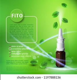 Vector illustration with a nasal spray and and flying leaves. Template for leaflets, banners, advertisements of medical products - Shutterstock ID 1197888136