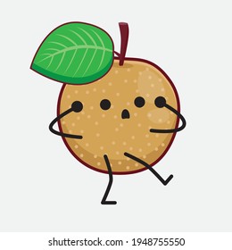 Vector Illustration of Nashi Pear Fruit Character with cute face, simple hands and leg line art on Isolated Background. Flat cartoon doodle style.