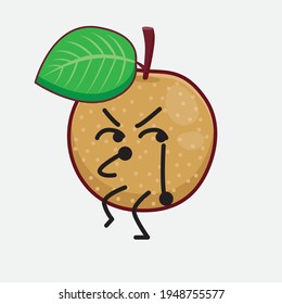Vector Illustration of Nashi Pear Fruit Character with cute face, simple hands and leg line art on Isolated Background. Flat cartoon doodle style.