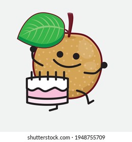 Vector Illustration of Nashi Pear Fruit Character with cute face, simple hands and leg line art on Isolated Background. Flat cartoon doodle style.