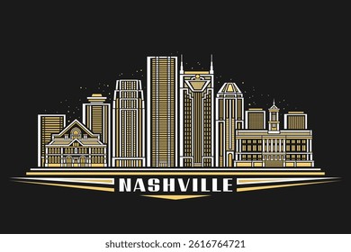Vector illustration of Nashville, dark horizontal card with linear design nashville city scape on nighttime starry sky background, modern urban line art concept with unique letters for text nashville