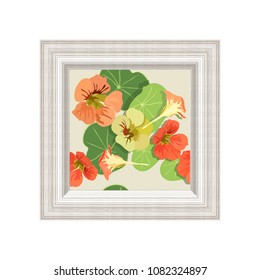 Vector illustration of a nasturtium flowers in a wall frame with an eco-swish imitation, isolated on a white background, in a frame arranged floral seamless pattern