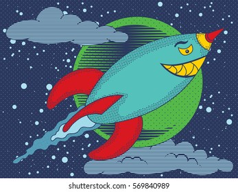Vector illustration of nasty smiling airborne missile in vintage comics style.