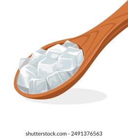 Ilustración vectorial de nata de coco en cuchara de madera, aislada sobre fondo blanco.