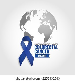 Vector illustration of National Colorectal Cancer Awareness Month. Banner with dark blue ribbon
